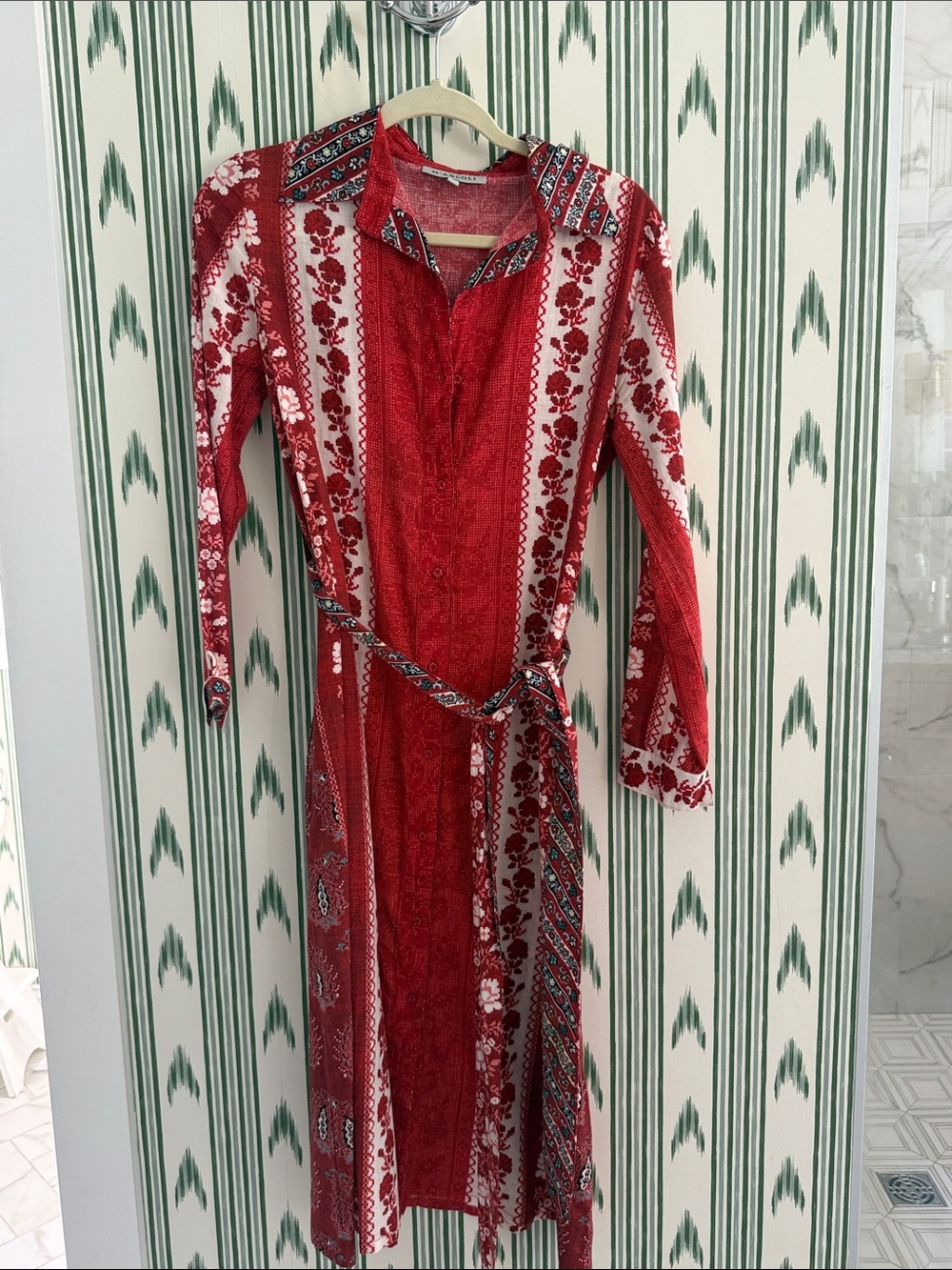 Red Long-Sleeve Button-Front Shirt Dress with Waist Tie